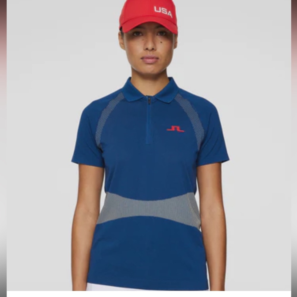 J.Lindeberg Women’s Alizee Golf Navy Polo with Red Logo